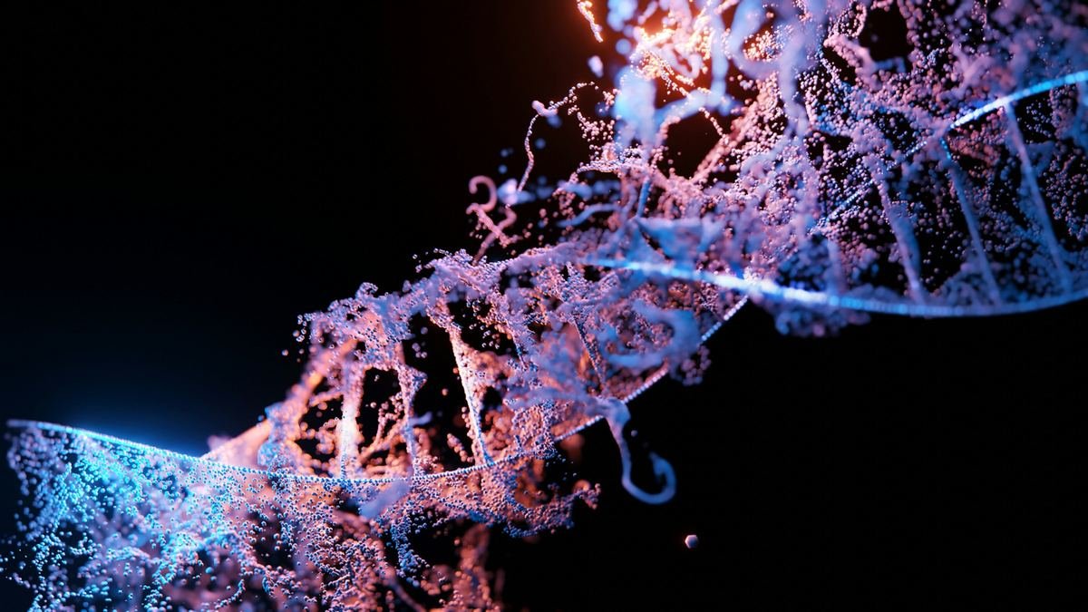 A glowing strand of DNA against a dark background.