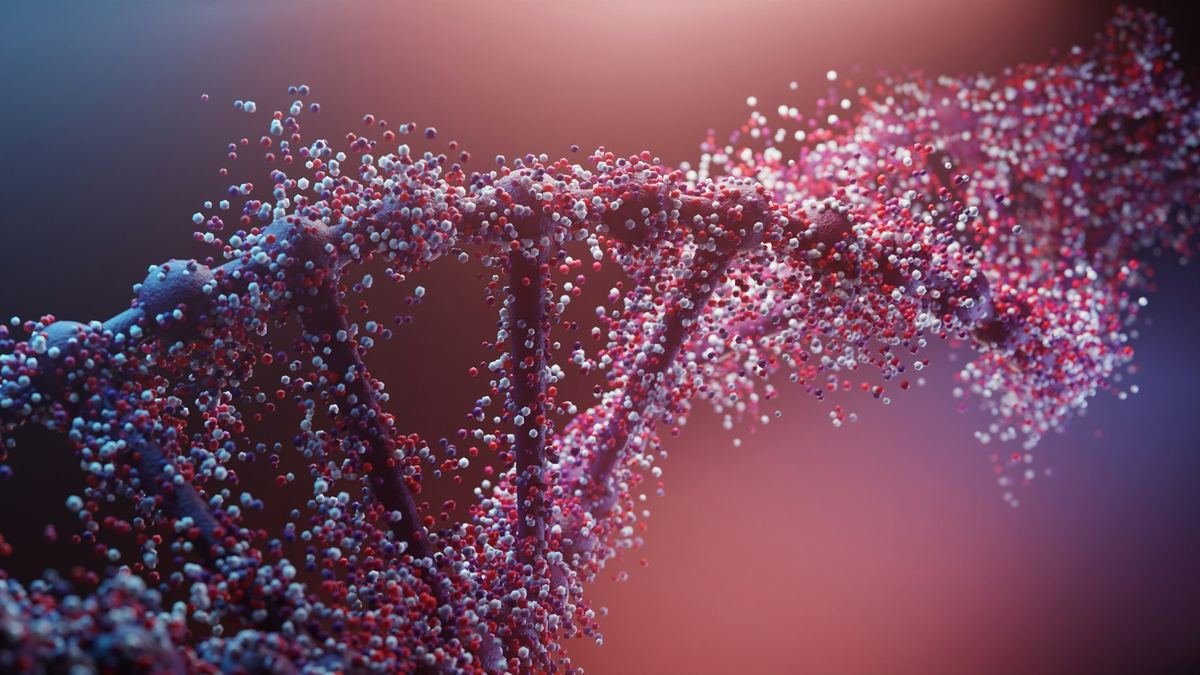 A DNA double helix rendered in soft rose and white particles.