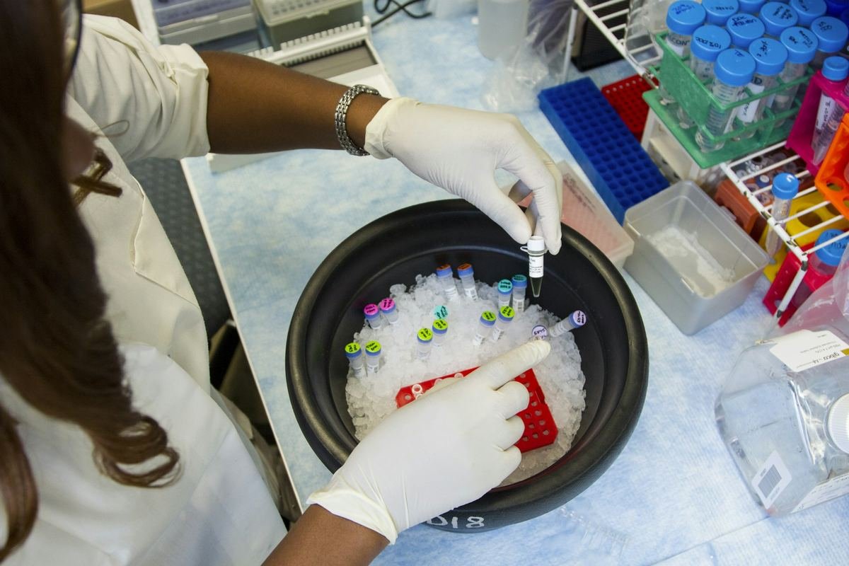 A researcher preparing genetic samples in an ice bucket.