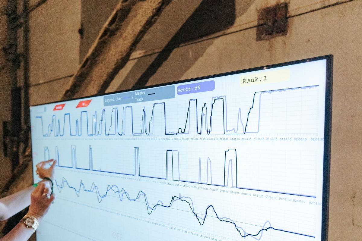 A hand pointing at a data graph on a screen.